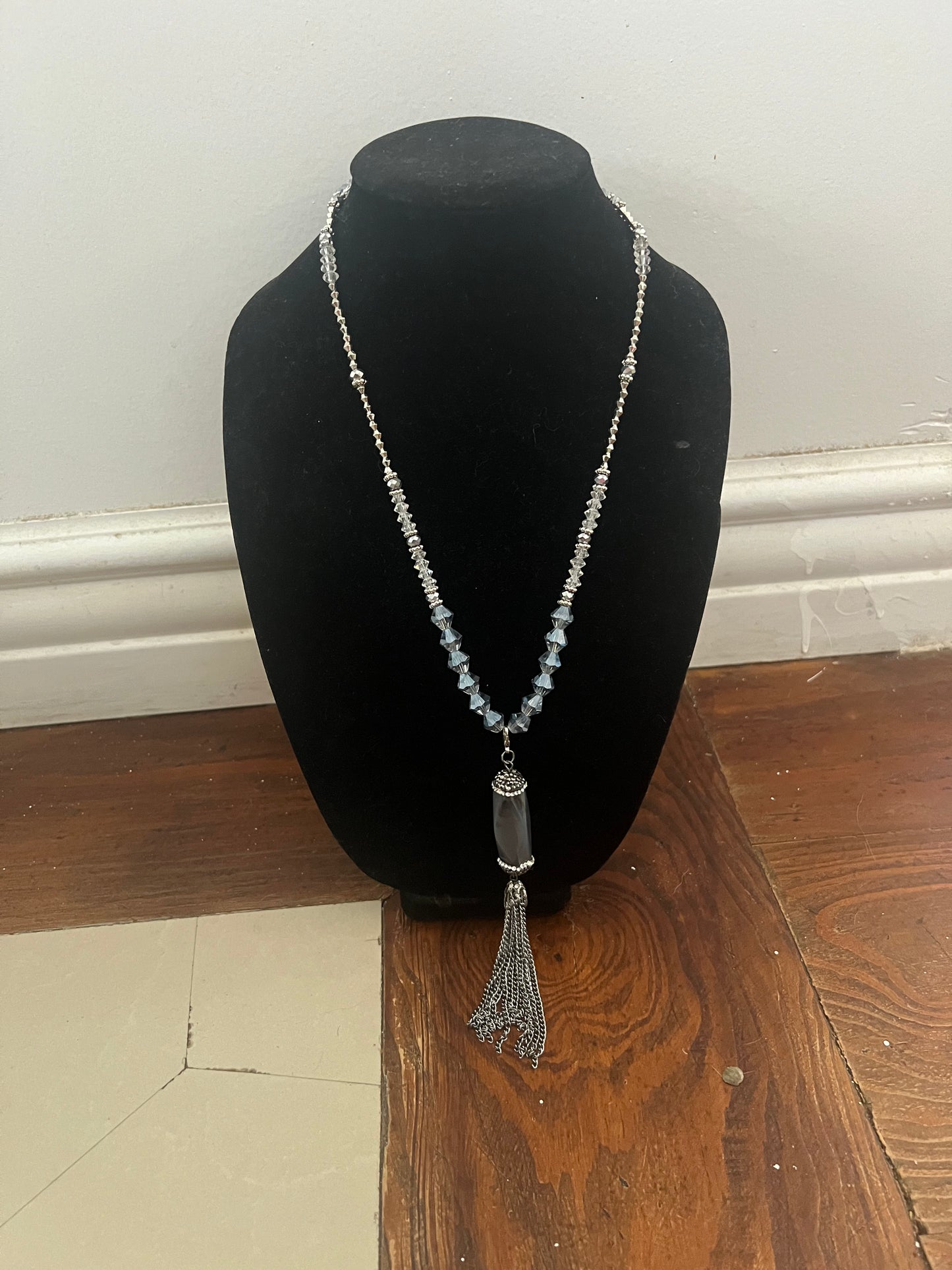 SILVER AND GRAY TASSLE PENDANT WITH CLEAR AND SILVER CRYSTALS
