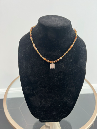 HEBREW SCRIPT NECKLACE TIGER EYE, CRYSTALS , GOLD BEADS