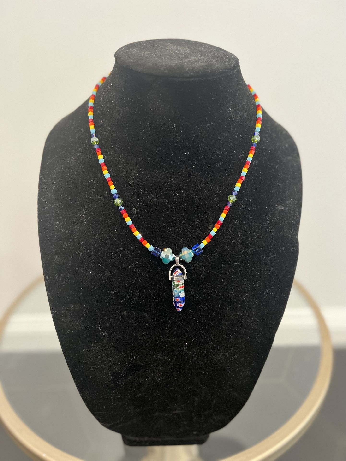 FLOWER CRYSTAL PENDANT GREEN&BLUE CRYSTALS COLORFUL SQUARE BEADED NECKLACE