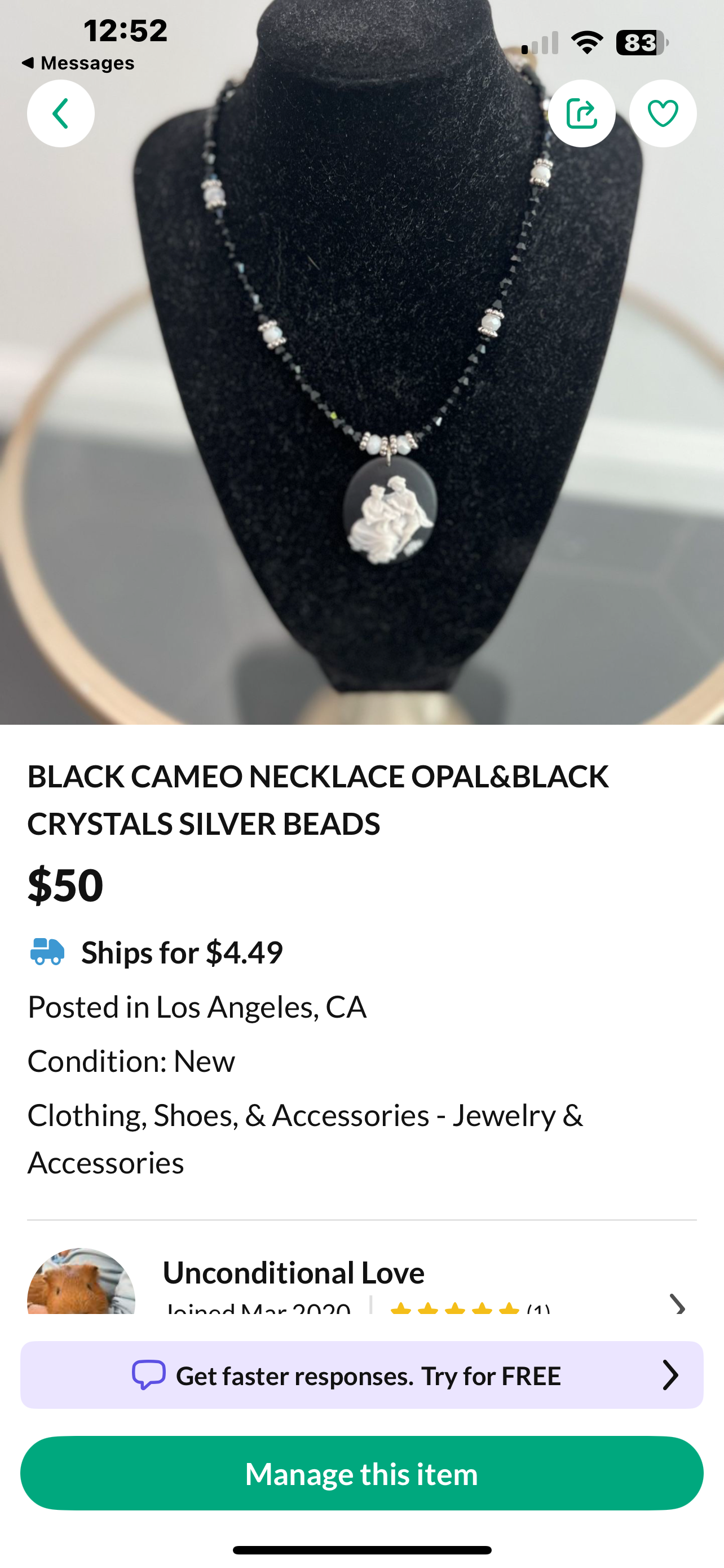 Black cameo necklace opal & black crystals silver beads