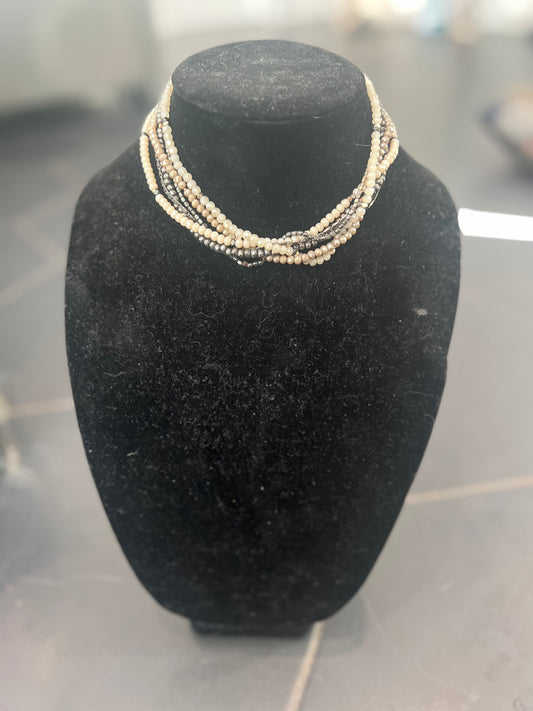 Six strands choker necklace with crystals and chain. $90