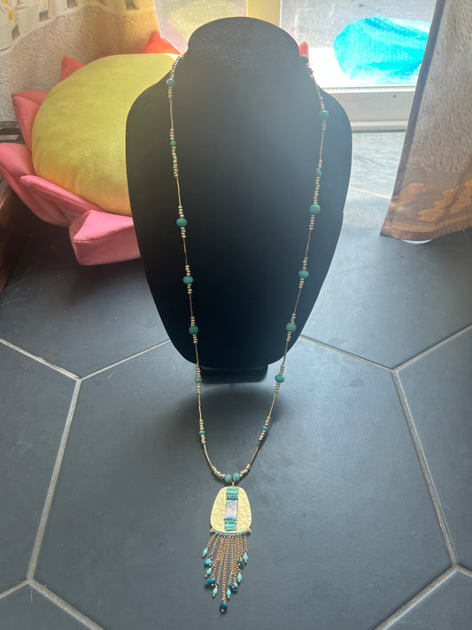 Turquoise and Gold crystals Blue Wooden Antique beads Golden pendant with Opalescent plaque and Turquoise beads