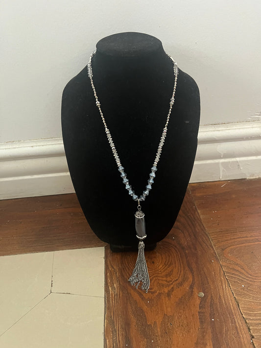 SILVER AND GRAY TASSLE PENDANT WITH CLEAR AND SILVER CRYSTALS