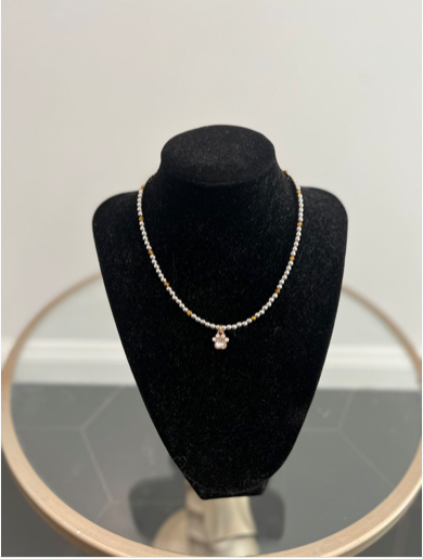 CRYSTAL PAW PRINT PENDANT, SILVER & GOLD BEADS