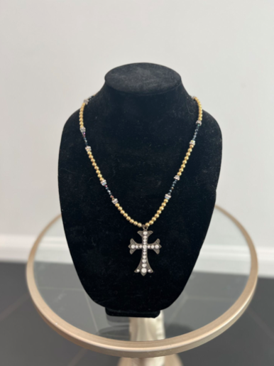 CROSS WITH GOLD&BLACK BEADS AND CRYSTALS