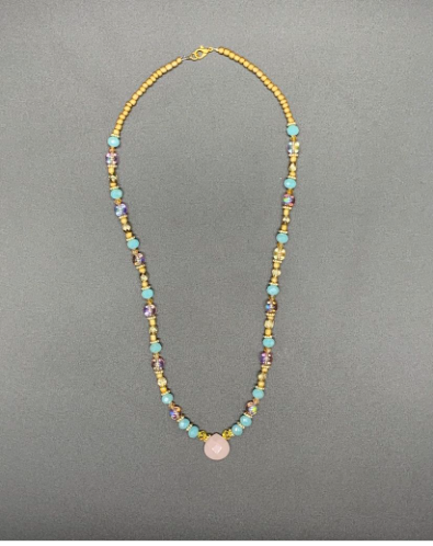 Rose Quartz Crystal Necklace, Pink Opalescent Glass Beads, Turquoise Crystals, Gold Crystals, Crystal of Universal Love, Healing