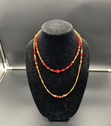 Valentines Day Red Crystal and Gold Glass Ombre Beaded Double Stranded Necklace