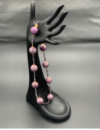 Purple Opalescent Ceramic Bead, Purple Crystal, Yellow Crystal, Necklace