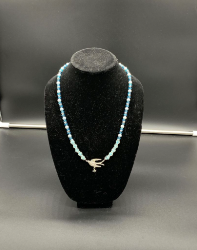 Mommy Bird in Flight with Baby Bird Necklace, Blue Vintage Majorca Pearls, Aqua Glass Beads, Bird Pendant, Animal Pendant,