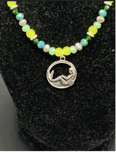 Mermaid Necklace, Mermaid Pendant, Crystal Necklace, Glass Necklace, Unisex, Ocean Inspiration Necklace, Green, Gray Crystals, Yellow Glass