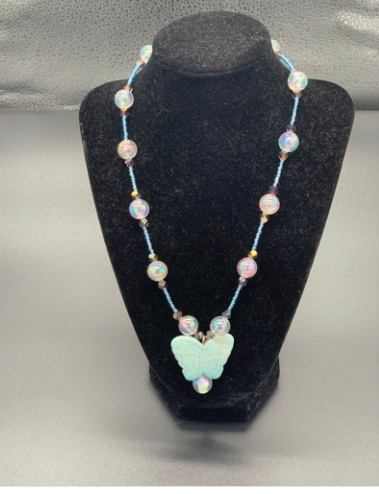 Floating Blue Butterfly Opal Glass Crystal Necklace $50