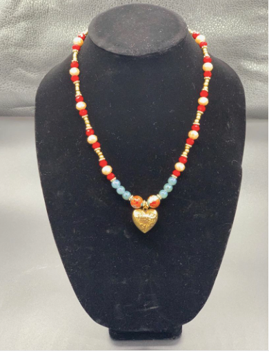 Valentines Day, Gold Heart Pendant Necklace,Red Crystal,Flower Metal Bead,Blue Opalescent Bead,Gold Crystal,Gold Beads, Unisex $40